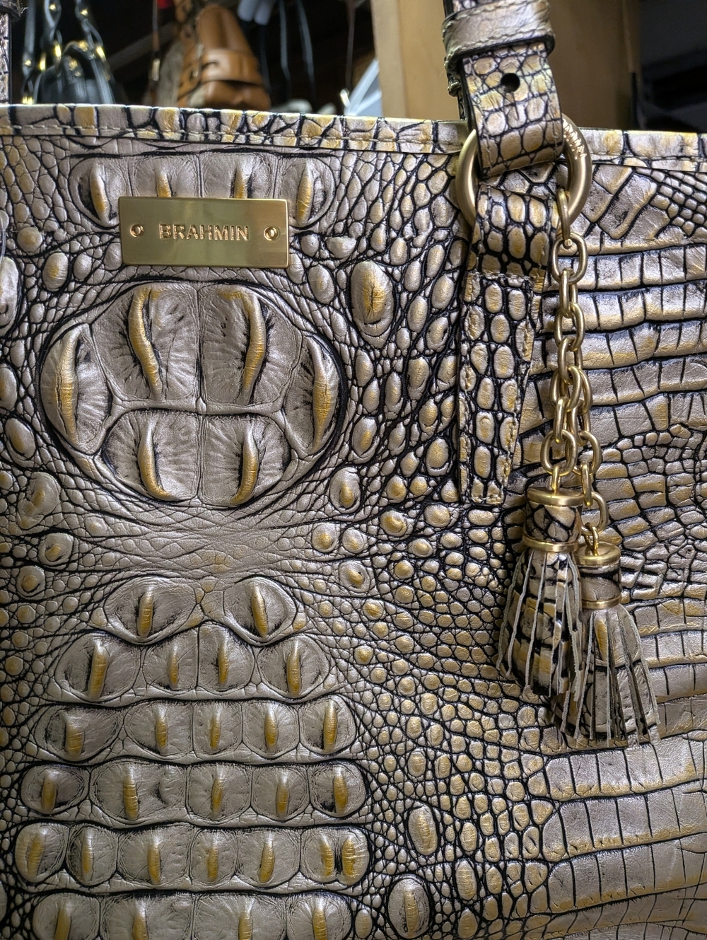 Brahmin Gold and Black Croc-Embossed Leather Tote with Tassel - Picture 2 of 5